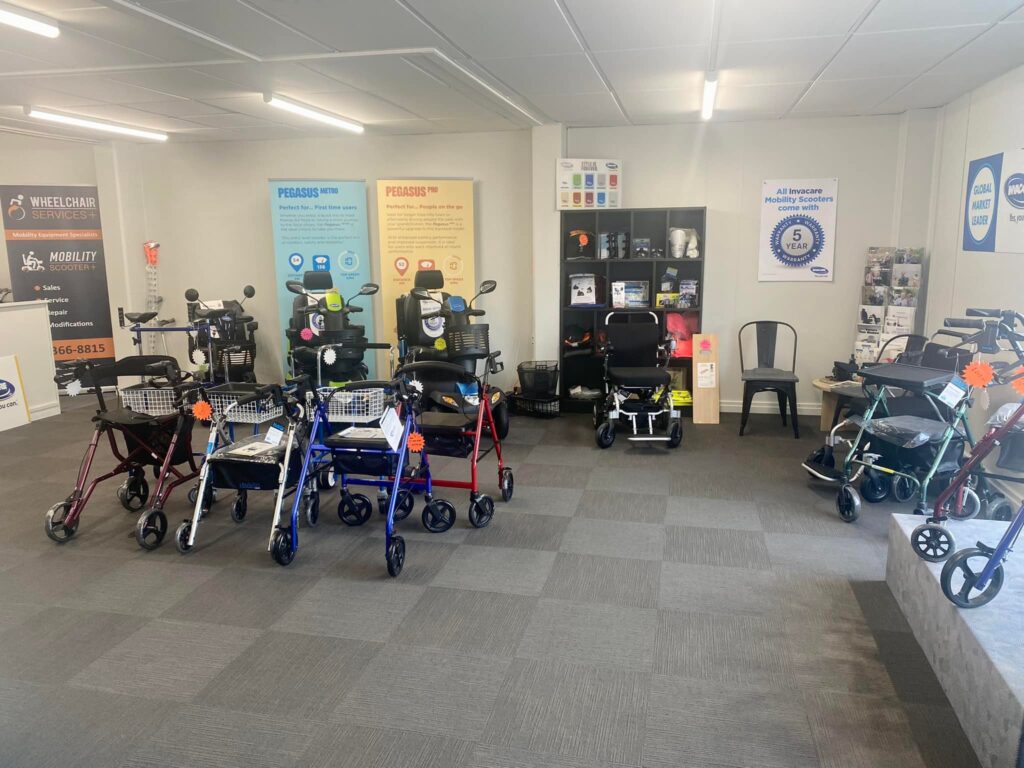 Mobility Services Ltd Christchurch showroom with mobility scooters and walking aids