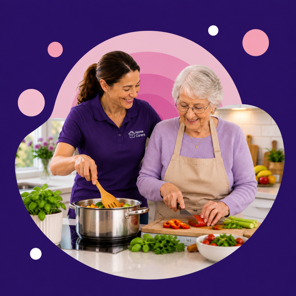 Carer assisting an older person with meal preparation at home
