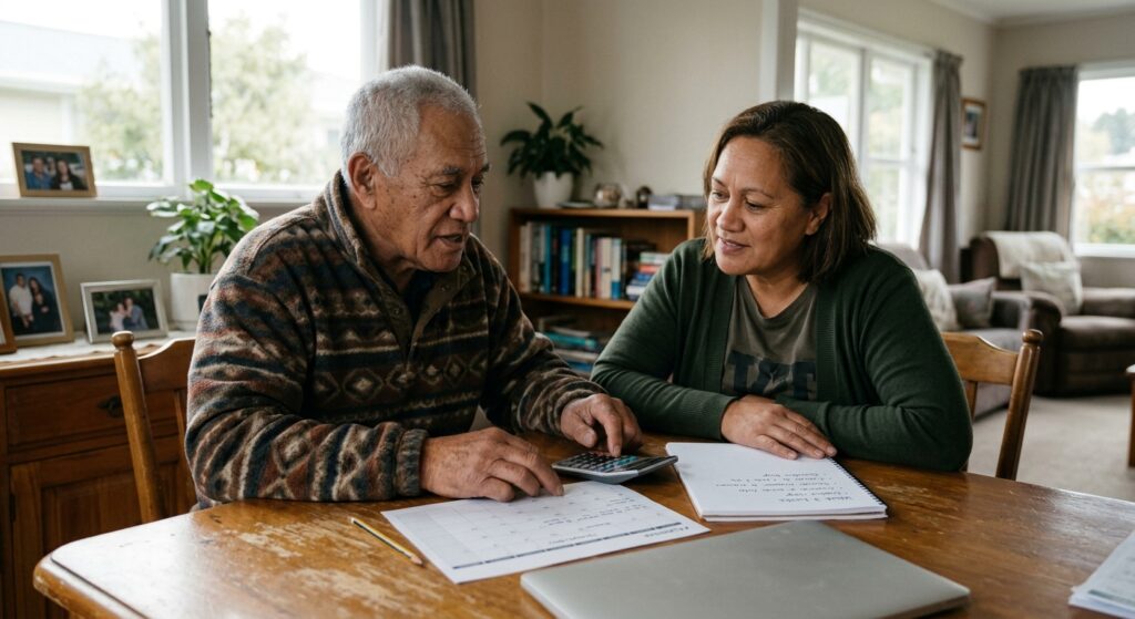 Older parent and adult child planning future home care costs in New Zealand