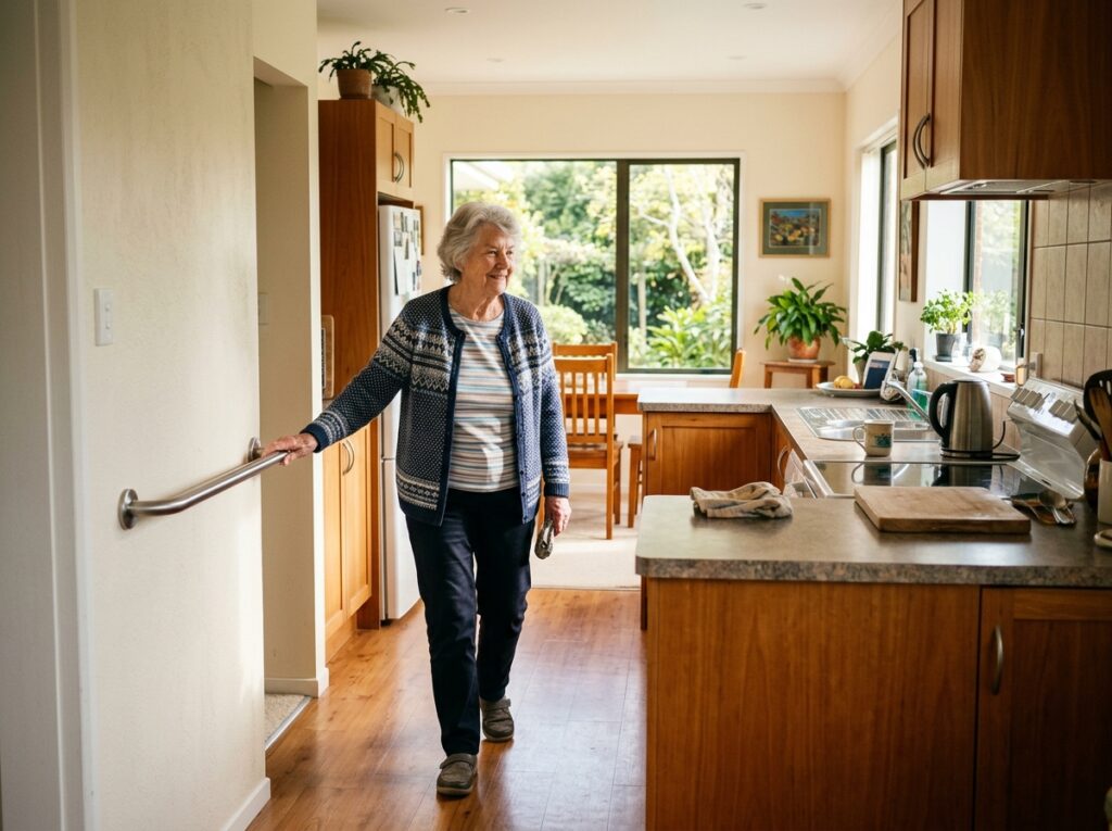 Elderly woman moving confidently through a well-lit, tidy kitchen with subtle mobility aid nearby, Tauranga NZ home