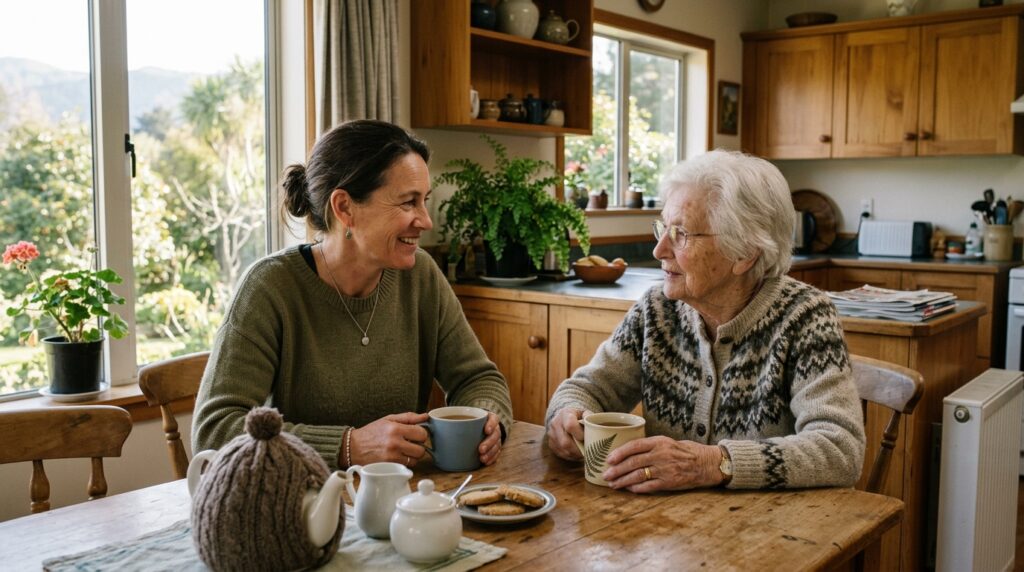 Adult daughter visiting her elderly mother at home, both sitting in a warm sunlit kitchen with tea, attentive and relaxed expression, Christchurch NZ