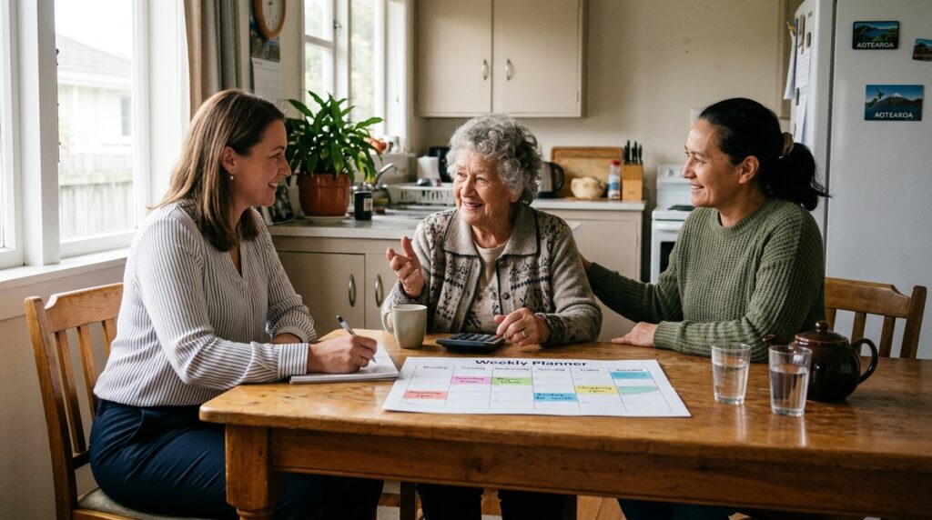 Family coordinating future home care support for an ageing parent in New Zealand