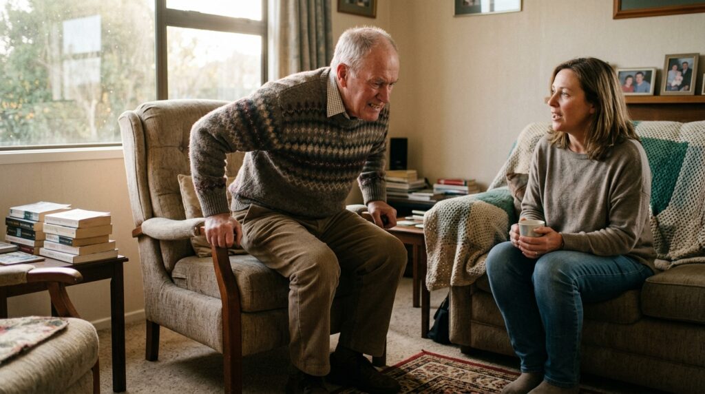 Older man finding it harder to stand from a chair as mobility changes
