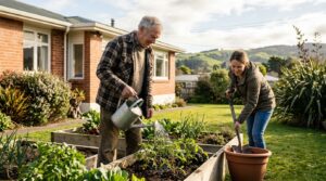 Older father experiencing mobility changes while walking with his daughter in New Zealand