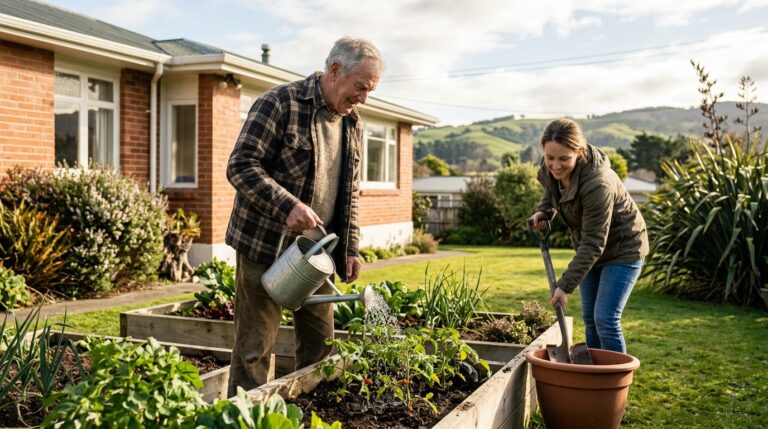 Older father experiencing mobility changes while walking with his daughter in New Zealand