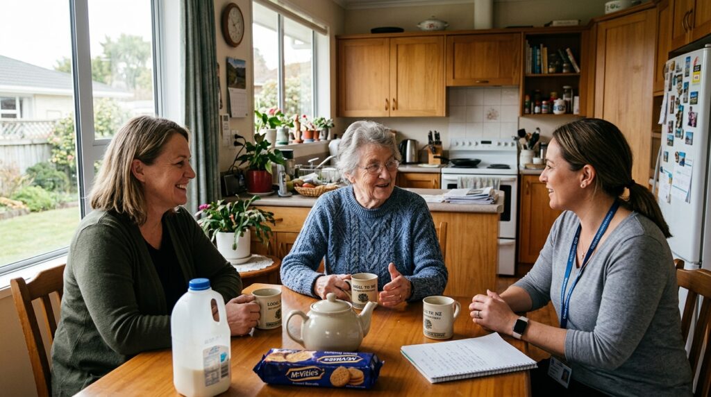 Family and professional home support coordinating care for an older person in New Zealand