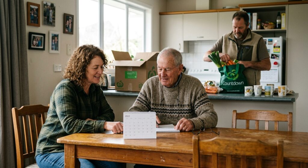 Adult siblings sharing practical care tasks for their ageing father at home