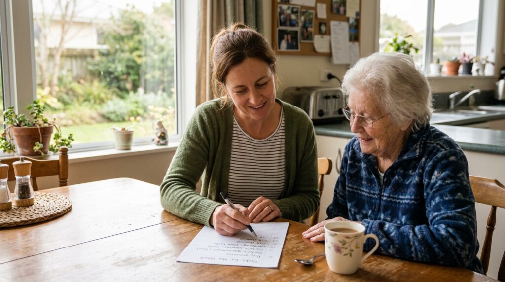 Older woman remaining independent at home with practical home care support in New Zealand
