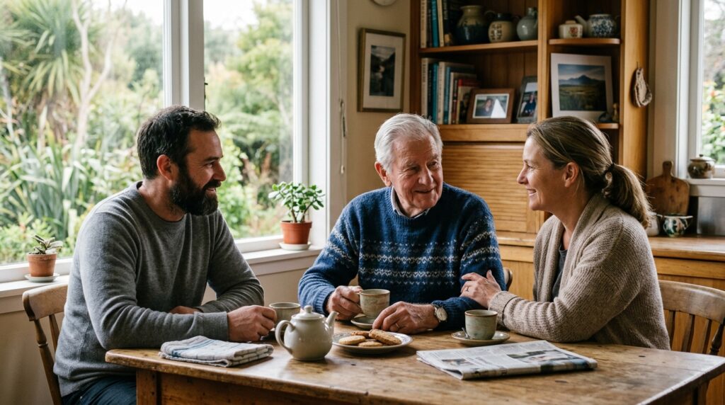 Family members gathered around an elderly parent's kitchen table having a calm and caring conversation about home support options in NZ