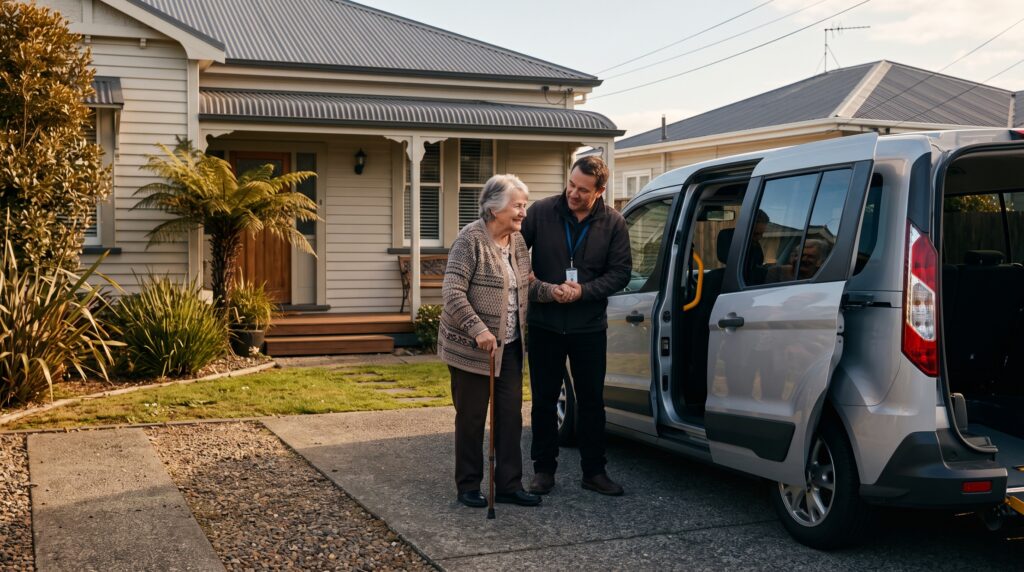 Older woman getting into an accessible taxi with help from the driver in New Zealand