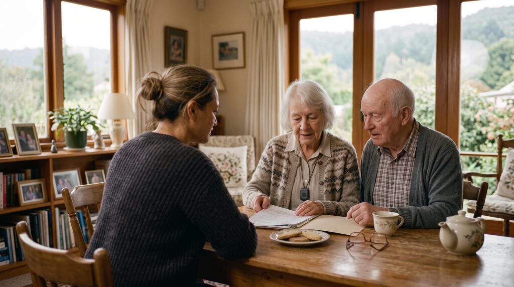 Carer chatting over tea with an older woman at home as part of future care planning