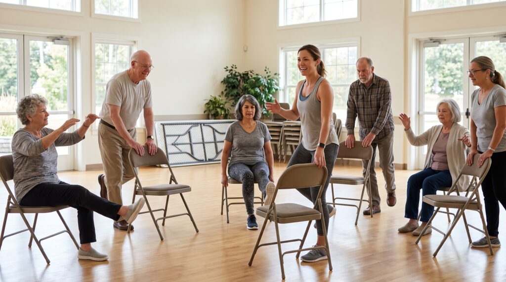 Older adults doing a gentle strength and balance class in a NZ community hall