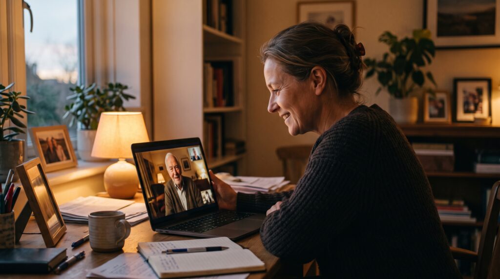 Daughter on a video call checking in on her father living alone in NZ
