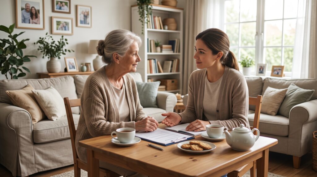 Carer chatting over tea with an older woman at home as part of future care planning
