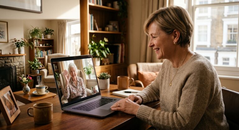 Adult daughter on a video call with her older mother in Christchurch while arranging home care