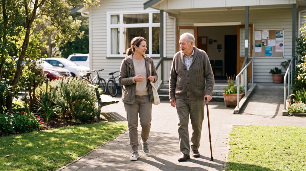 Home carer walking with an older man to a community support group meeting in NZ