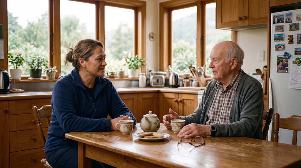 Family discussing medical alarms and home safety for an ageing parent in NZ