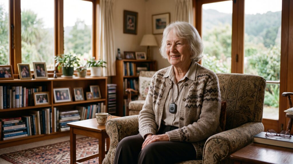 Older woman wearing a medical alarm pendant at home in New Zealand