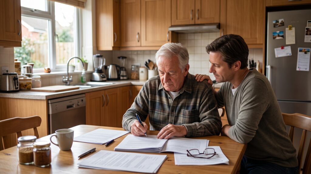 Older man signing legal paperwork with a trusted family member beside him
