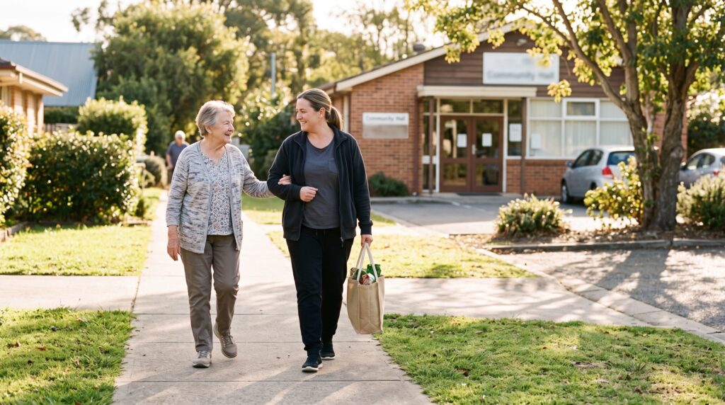 Carer walking with an older woman to a community outing
