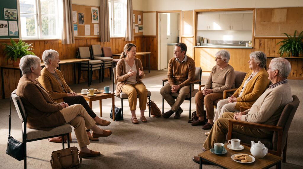 Older New Zealanders and carers chatting in a condition-specific support group