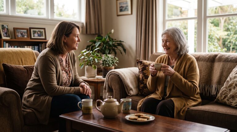 Age Concern volunteer visiting an older woman for tea at her home in New Zealand