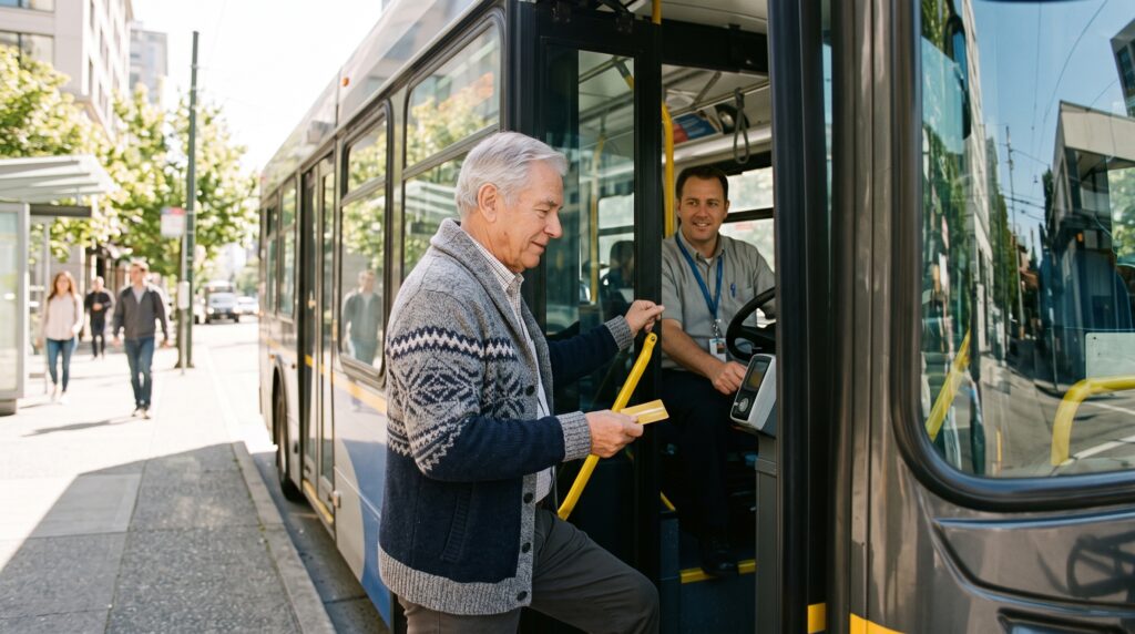 Older man tapping a SuperGold Card on a city bus in NZ