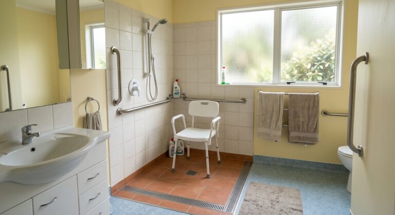 Accessible bathroom with level-access shower and grab rails in NZ