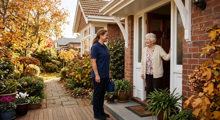Home carer meeting an older woman at her front door for a first home care visit in Christchurch