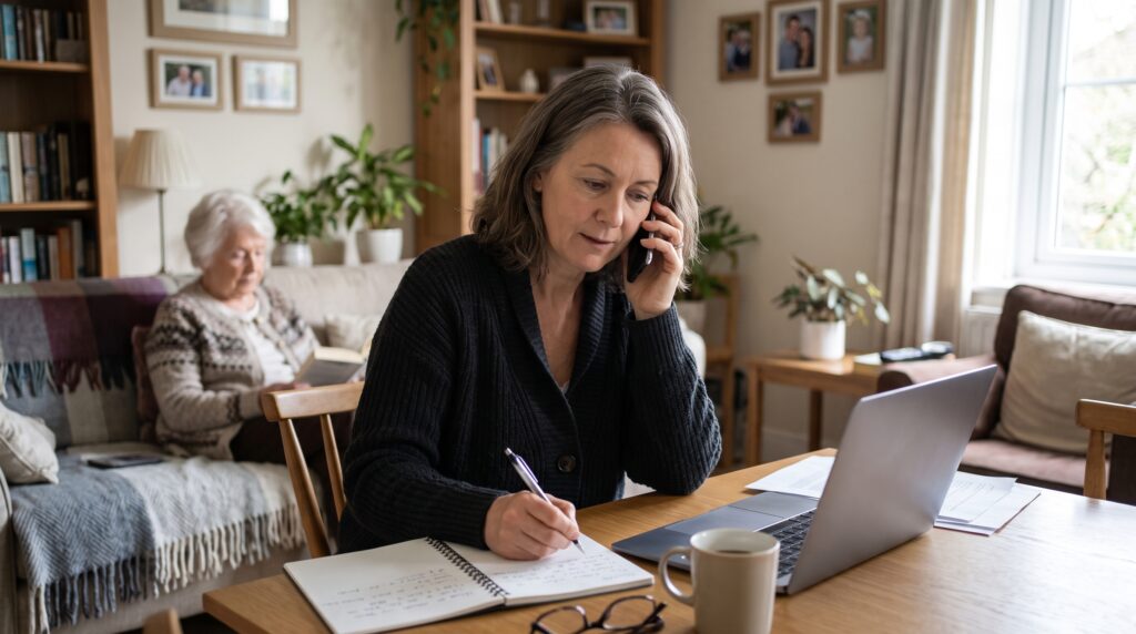 Adult daughter phoning her mother, comparing community support and home care options