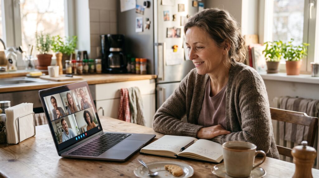 Adult daughter joining an online carer support group from her kitchen